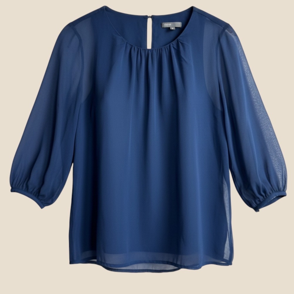 Vince Navy Blue 100% Silk Sheer Sleeve Bubble Hem Blouse Medium